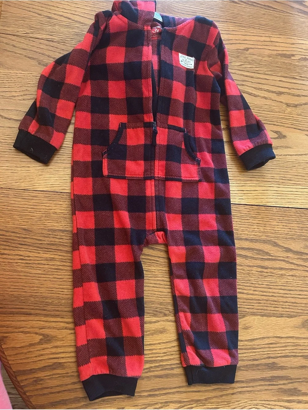Carter's Red and Black Buffalo Plaid Hooded Fleece Zip Jumpsuit